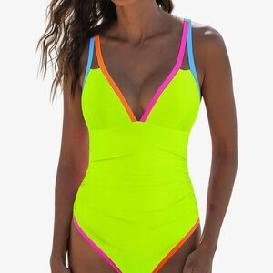 Neon Yellow One-Piece Swimsuit with Pink and Blue Accents